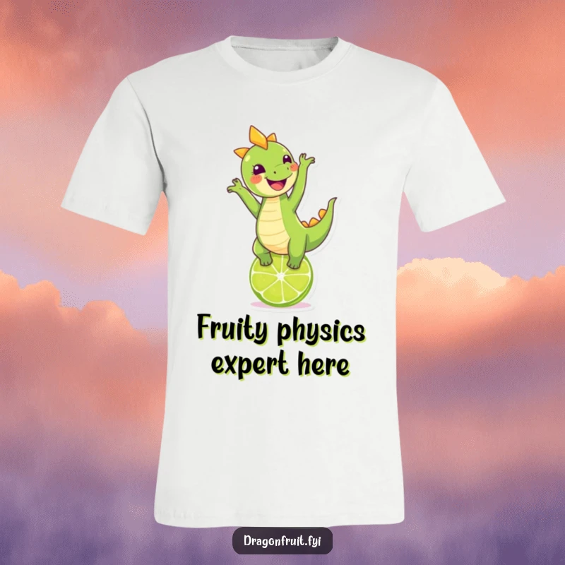 Funny giggling dragonfruit character balancing on a lime, showcasing a hilarious fruit yoga pose on a t-shirt.