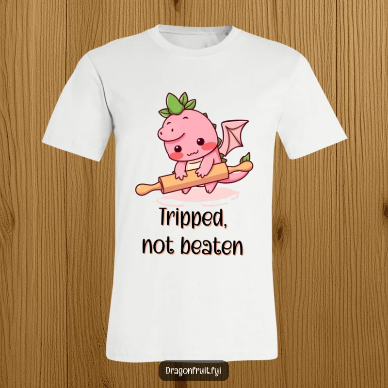 Funny t-shirt showing a bashful dragonfruit character stumbling over a rolling pin, capturing a comical kitchen accident.