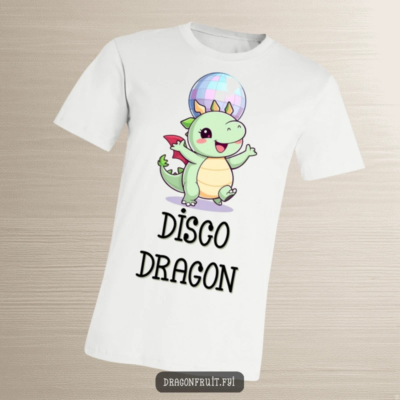 Funny T-shirt design of a round dragonfruit character happily dancing beneath a shimmering disco ball, full of festive energy.