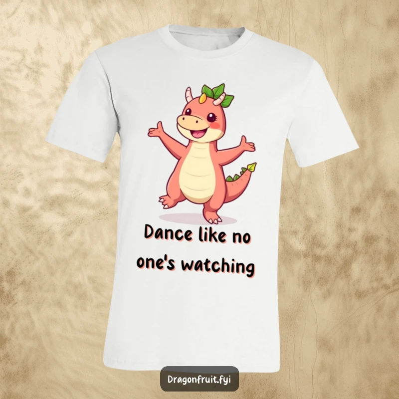 Funny Dragonfruit T-Shirt with a quirky character doing a hilarious, energetic dance with arms and legs in a comical pose.