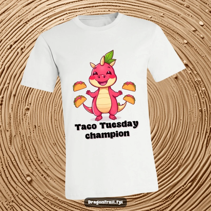 Funny t-shirt featuring a grinning dragonfruit character masterfully juggling three tiny, lively tacos in mid-air, a foodie's delight.