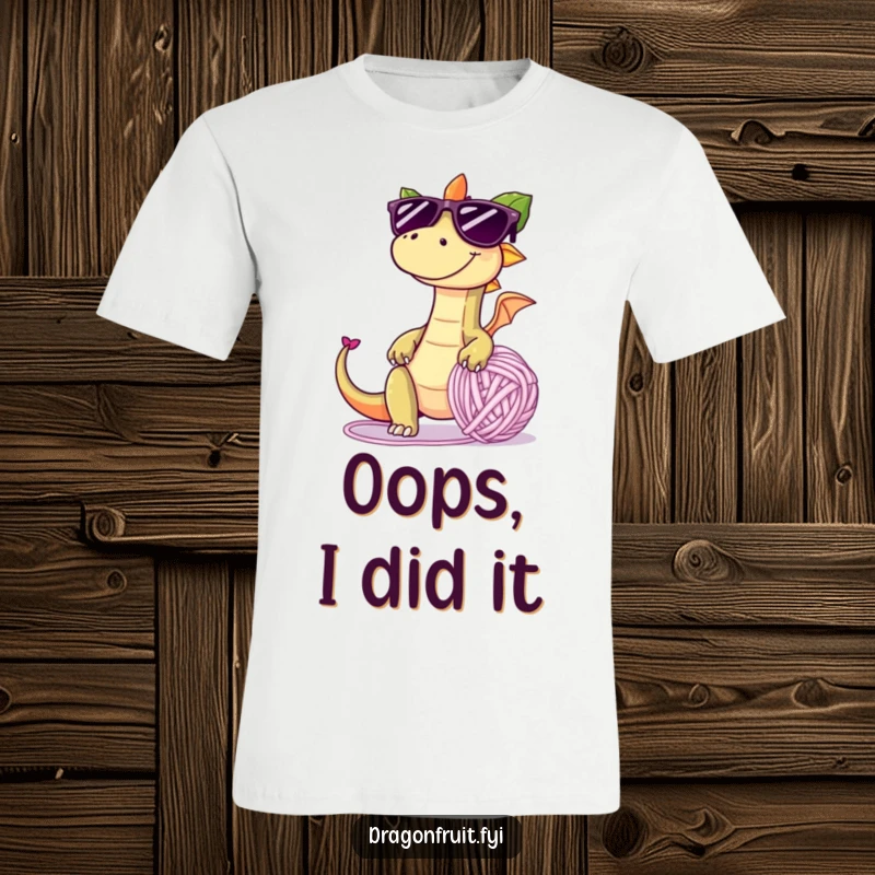 Funny t-shirt with a dragonfruit in oversized sunglasses, tripping over a giant yarn ball, exuding playful mischief.