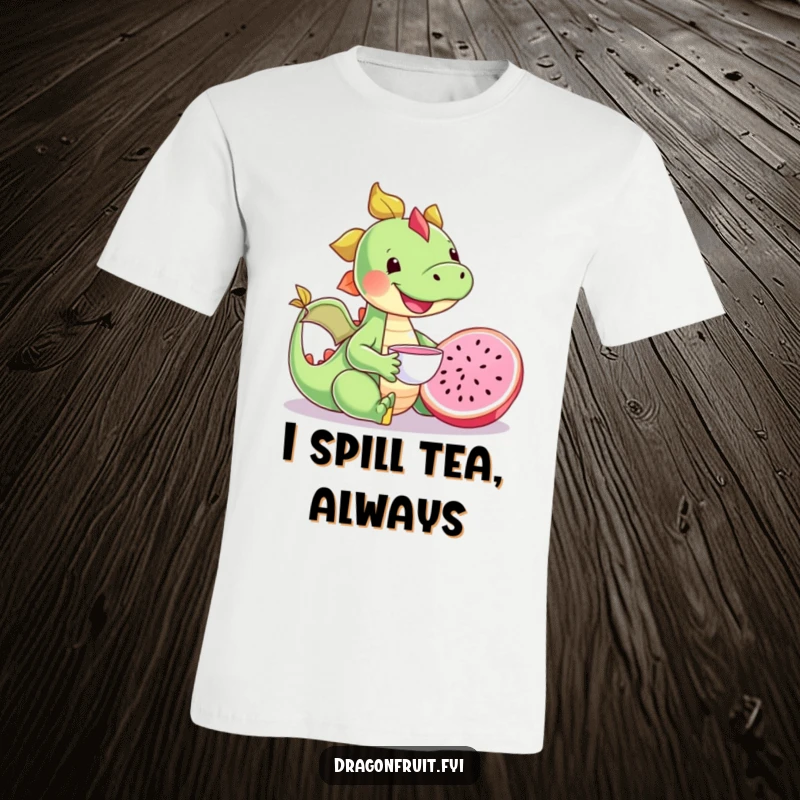Funny happy dragonfruit character having a delightful tea party with a miniature teacup, a sweet and humorous shirt.