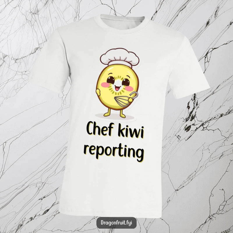 Funny T-shirt: a smiling kiwi slice in a tiny chef hat is actively whisking batter, a cute baking scene.