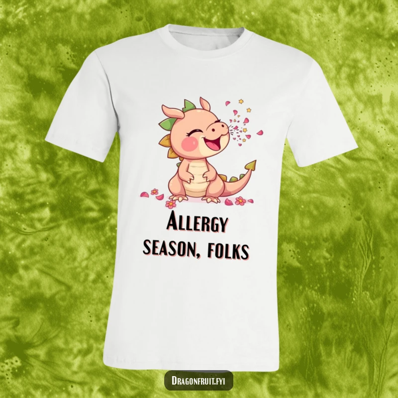 Funny t-shirt showing a dragonfruit comically sneezing a stream of tiny flower petals, conveying a sense of floral and humorous release.