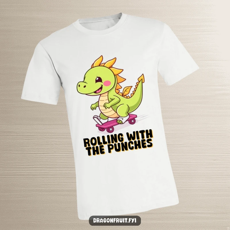 Funny t-shirt showcasing a smiling dragonfruit character on roller skates, captured mid-zoom with a cheerful and energetic pose.
