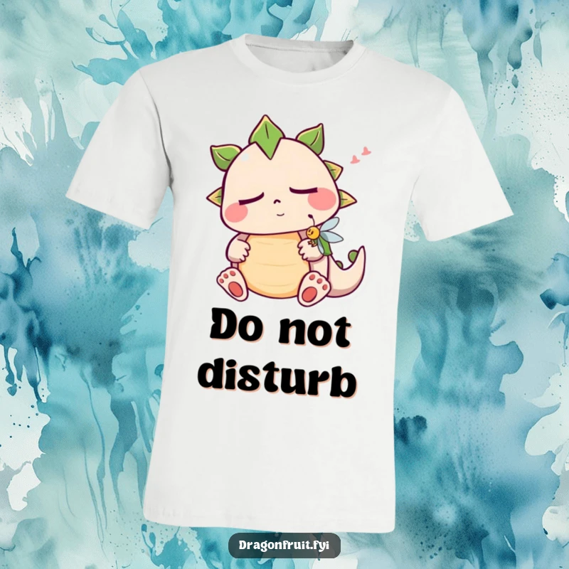 Funny sleepy dragonfruit t-shirt showing a snoring fruit character with closed eyes and a buzzing fruit fly, ideal for casual wear.