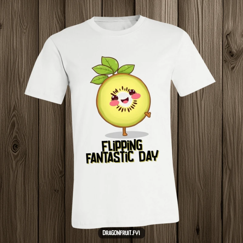Funny t-shirt featuring a smiling kiwi slice doing a confident cartwheel, showcasing energy and playful exuberance.
