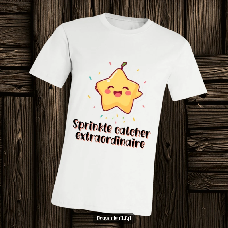Funny Starfruit T-Shirt: A laughing starfruit character leaps to catch falling sprinkles, embodying pure, humorous amusement.