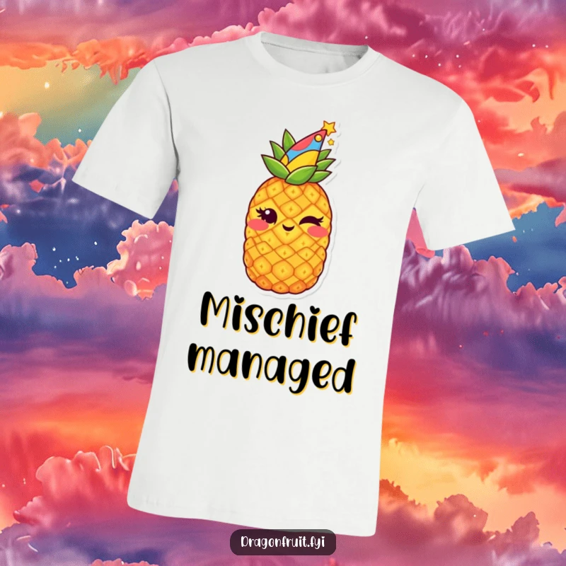 Funny t-shirt featuring a starry pineapple in a party hat, winking with a mischievous grin, embodying holiday fun.