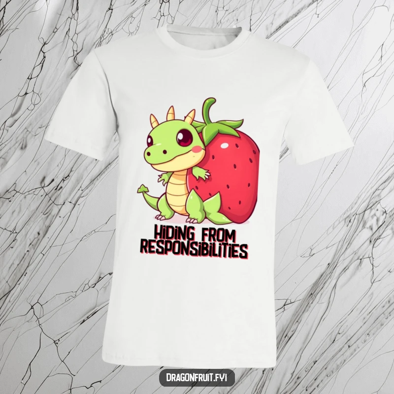 Funny t-shirt featuring a startled dragonfruit character using a large strawberry as cover, a humorous take on shyness.