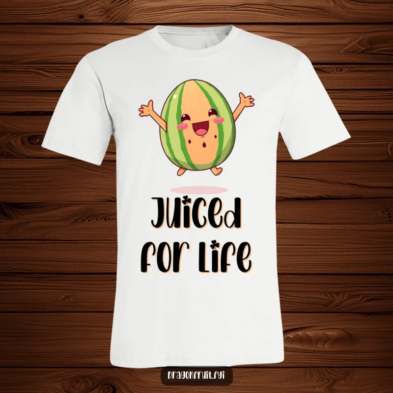 Funny watermelon wedge t-shirt leaping joyfully, arms spread wide, vibrant and energetic, making a statement.