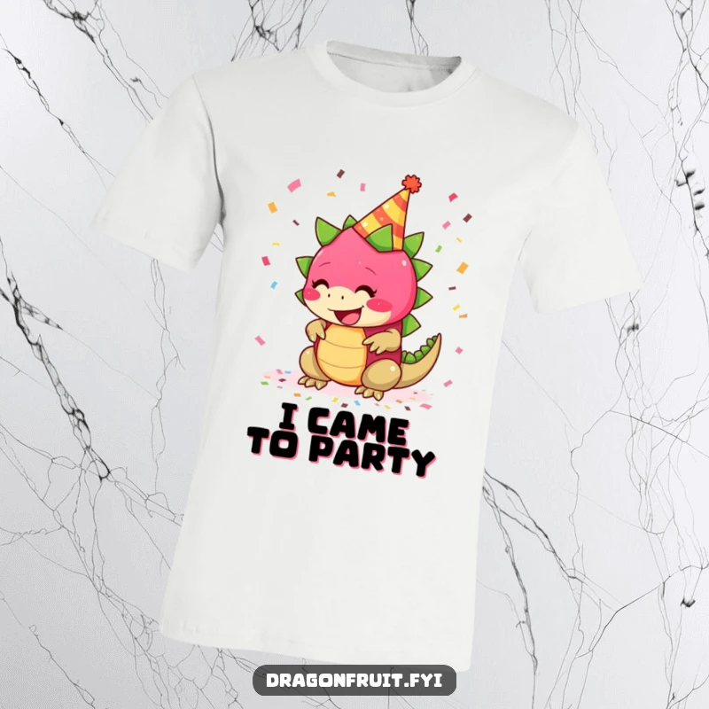 Funny t-shirt with a giggling dragonfruit in a party hat, surrounded by falling confetti, for a festive vibe.