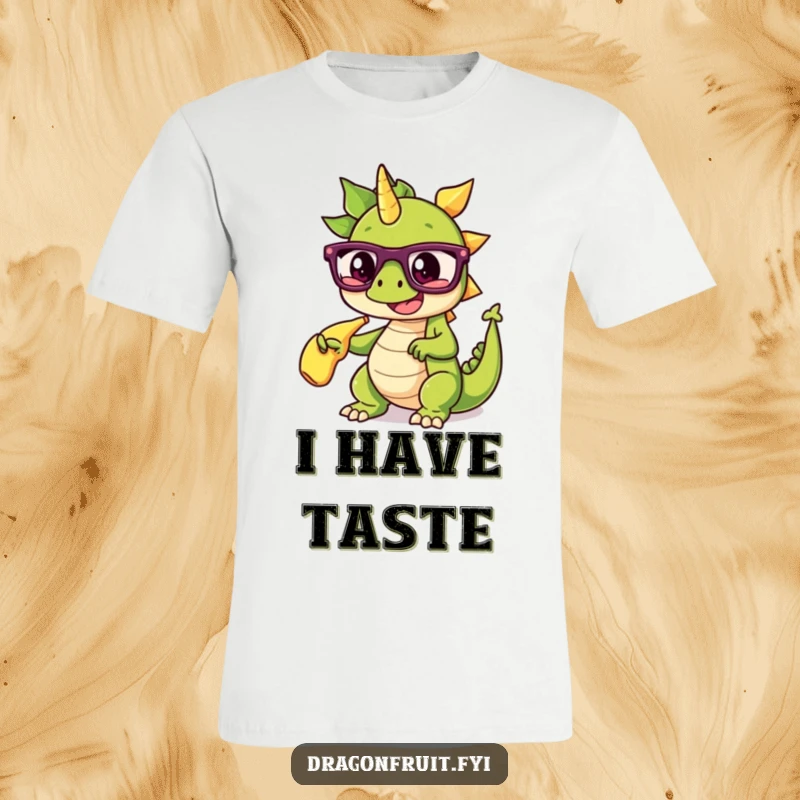 Funny t-shirt with a dragonfruit wearing glasses, dramatically pointing at a banana split, showcasing comedic fruit humor.