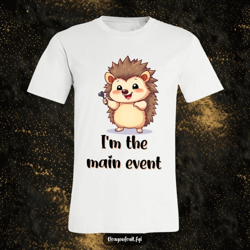 Funny Hedgehog Spotlight T-Shirt with a happy hedgehog striking a dramatic pose under a tiny spotlight.