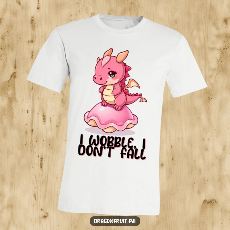Funny t-shirt: a dragonfruit character comically trying to balance on a slippery jelly, with a funny, panicked expression.