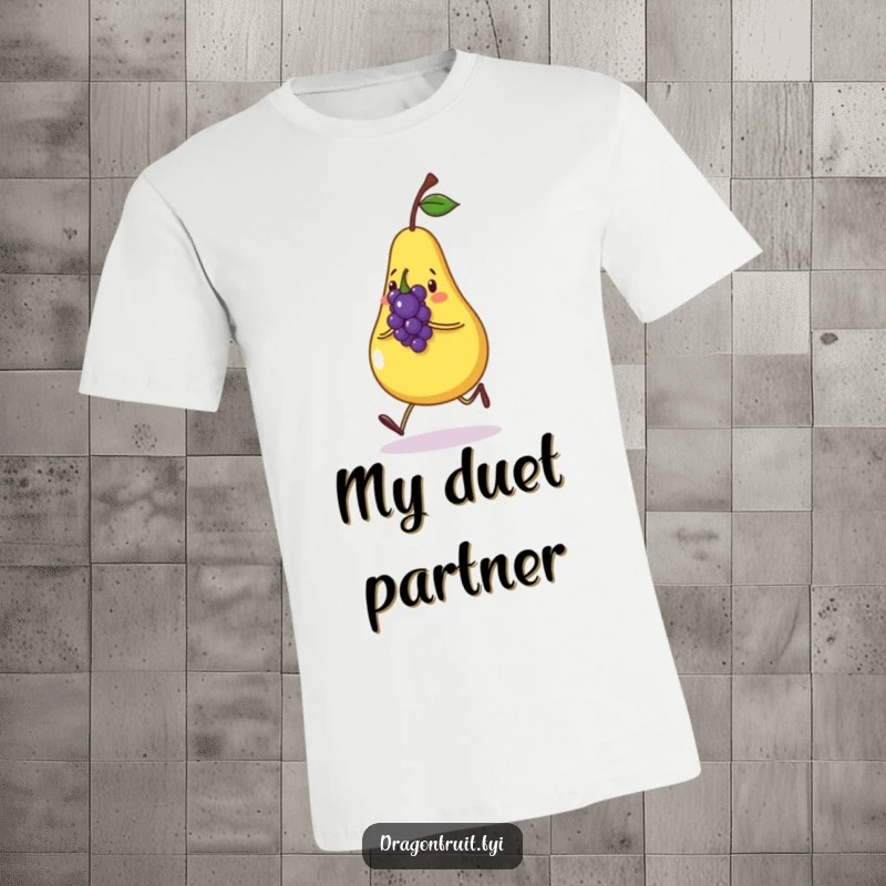 Funny t-shirt displaying a jubilant pear skipping merrily with a tiny, melodious grape. Whimsical fruit art.