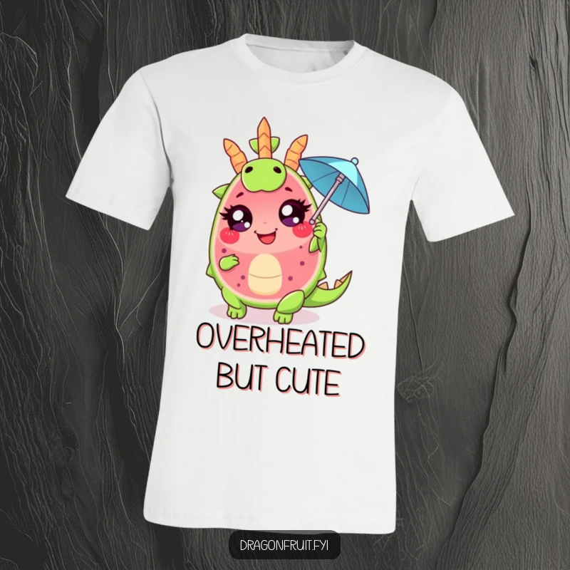 Funny t-shirt with a giggling dragonfruit wedge, large eyes, fanning with a cocktail umbrella, exuding dramatic and tropical humor.