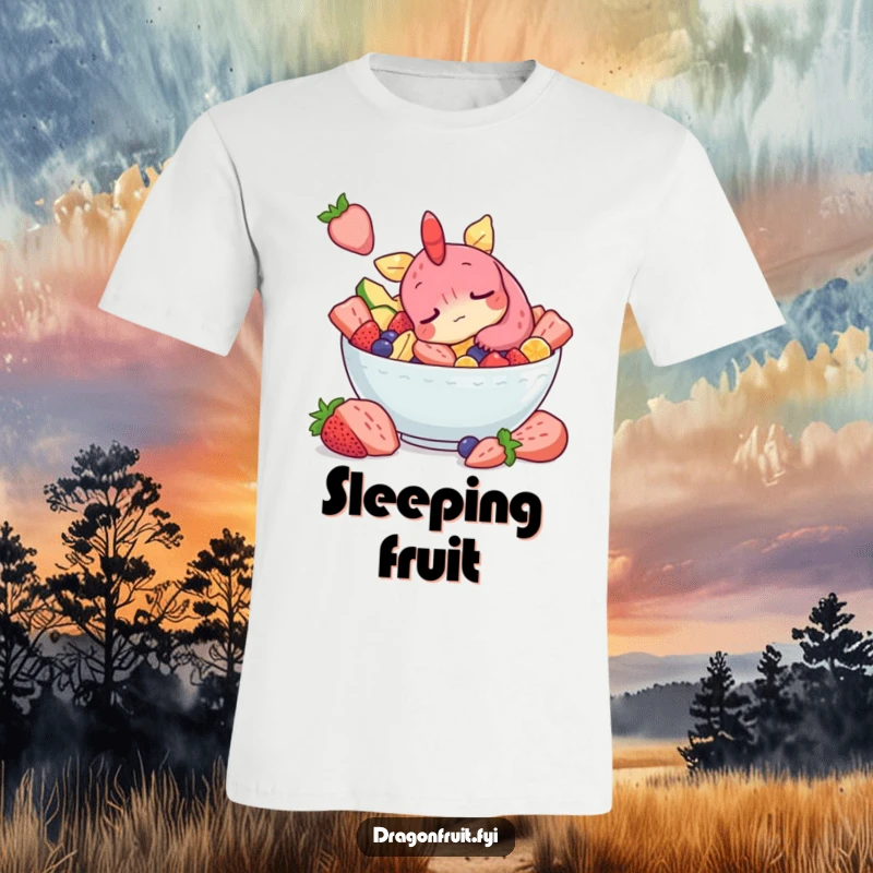 Funny t-shirt with a sleepy dragonfruit character having a peaceful nap amidst a colorful bowl of mixed fruit salad.