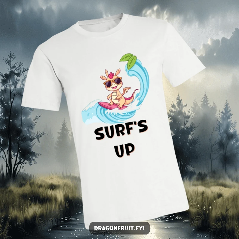 Funny T-Shirt: A delighted dragonfruit wearing sunglasses, confidently surfing a wave, embodying a cool and carefree attitude.