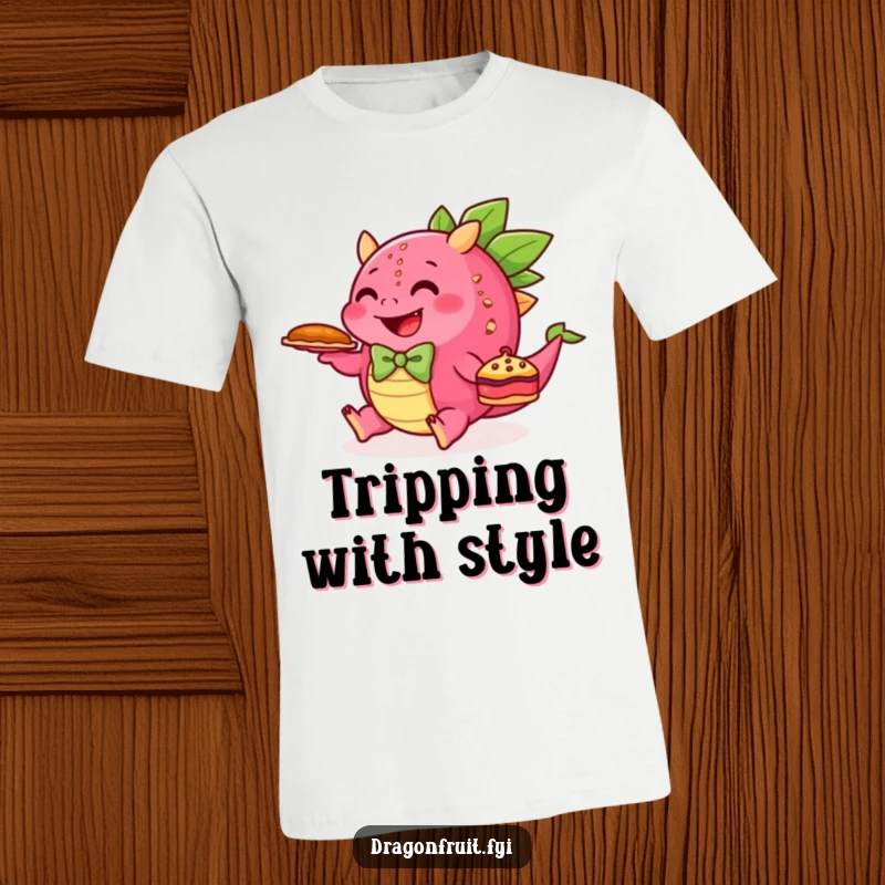 Funny t-shirt depicting a happy dragonfruit in a bowtie, tripping over its feet while holding a pie, illustrating comical mishap.