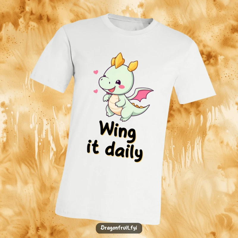 Funny T-shirt illustrating a happy dragonfruit character with tiny wings leaping into the air, full of tropical excitement.