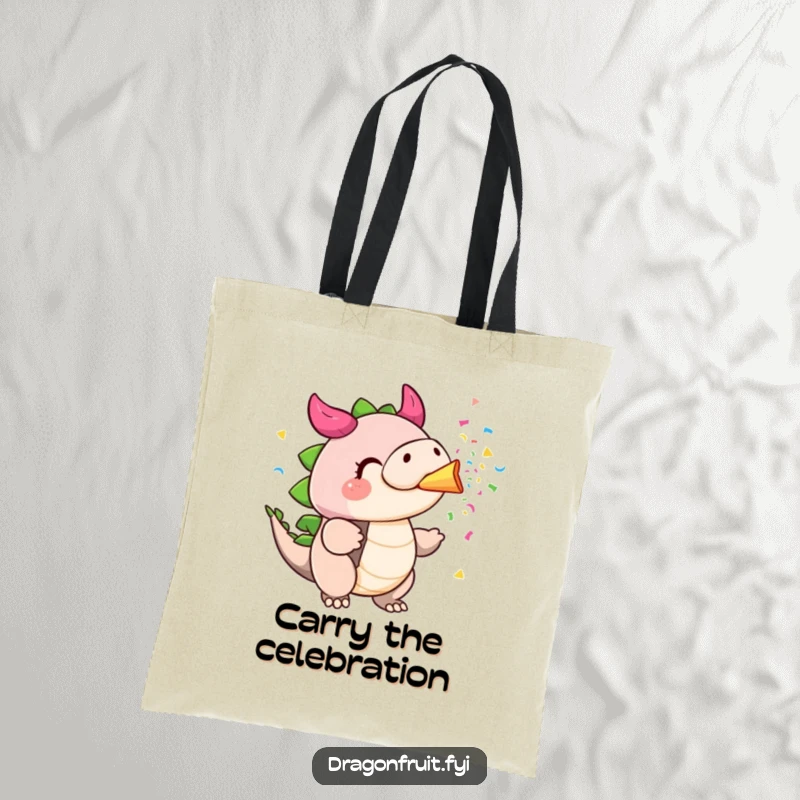 Funny dragonfruit tote bag, puffed cheeks, blowing colorful confetti from its stem, a stylish and cheerful accessory.