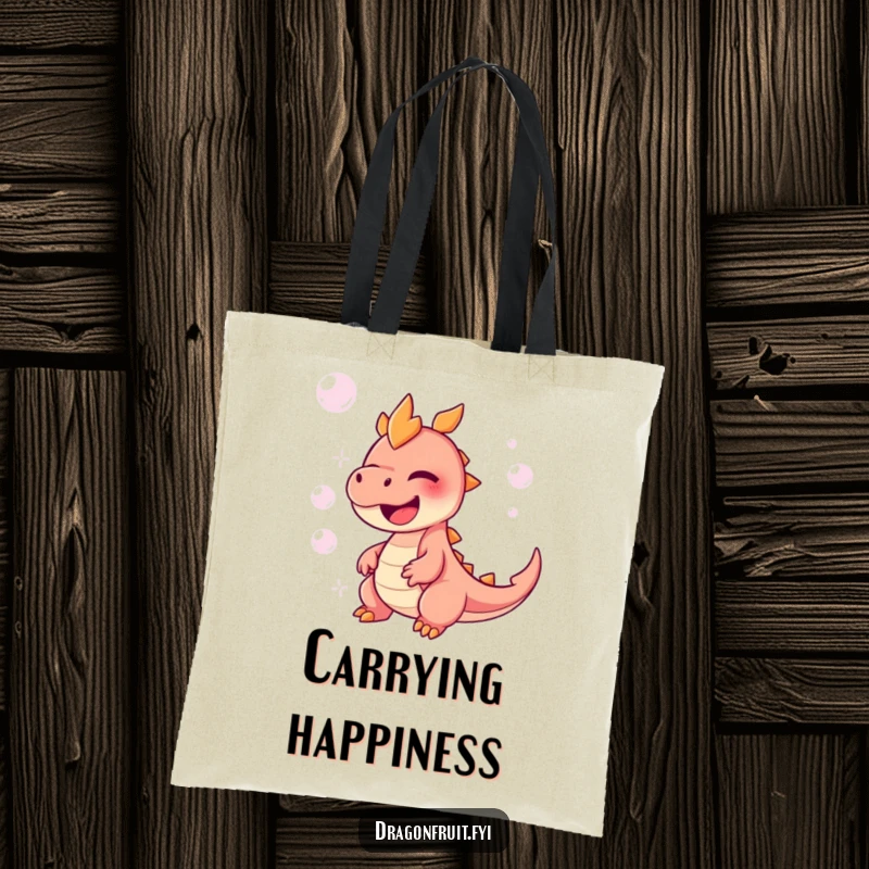 Funny Dragonfruit Tote Bag featuring a character giggling uncontrollably amidst a flurry of floating bubbles, a fun accessory.