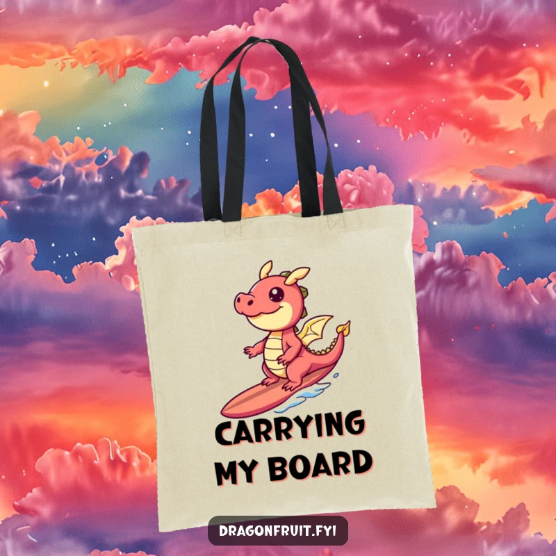 Funny tote bag featuring a giggling dragonfruit character surfing a banana slice surfboard, ideal for beach trips and shopping.