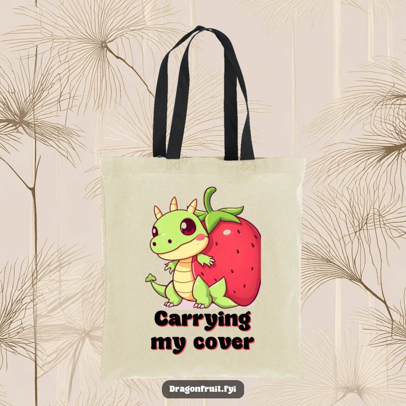 Funny tote bag featuring a startled dragonfruit character hiding behind a giant strawberry, ideal for carrying items discreetly.