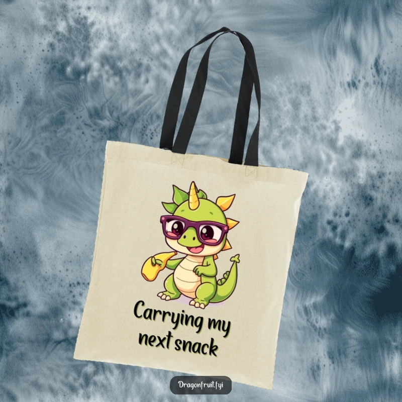Funny tote bag with a dragonfruit wearing glasses, dramatically pointing at a banana split, ideal for humorous shopping.
