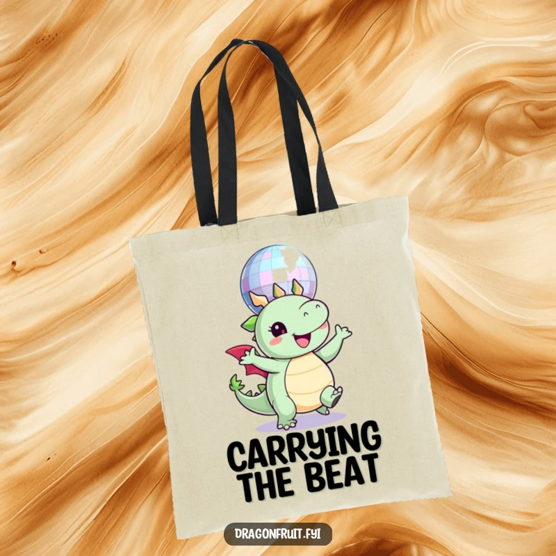 Funny tote bag art of a round dragonfruit character happily dancing under a sparkling disco ball, showcasing a festive atmosphere.