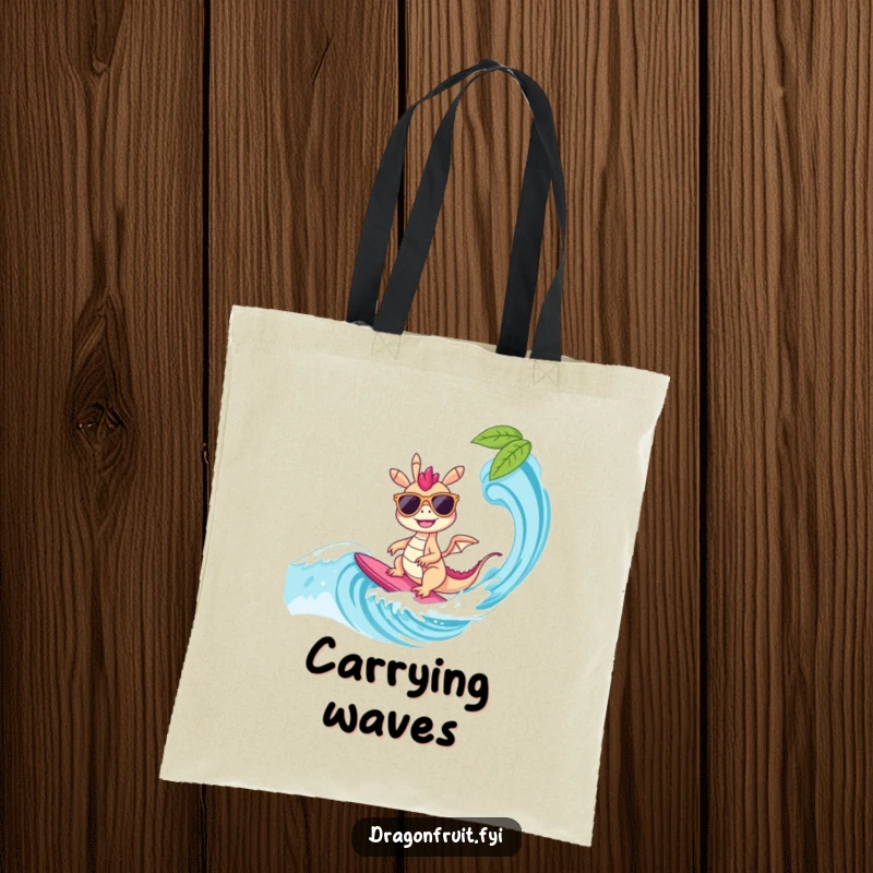 Funny Tote Bag: A dragonfruit character in sunglasses surfing a wave, a cool and humorous bag for carrying beach essentials and positive vibes.