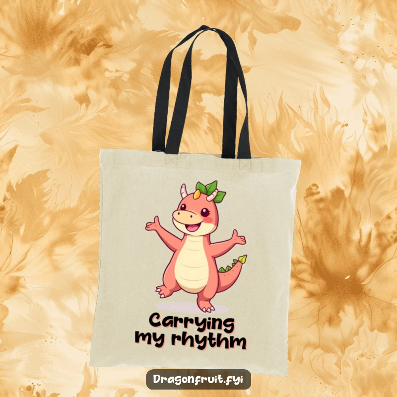 Funny Dragonfruit Tote Bag featuring a cheerful character performing a funny, energetic dance, perfect for market or daily use.