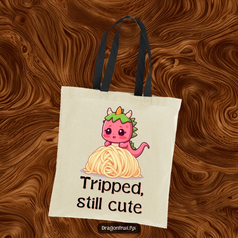 Funny tote bag art of a blushing dragonfruit character stumbling over a enormous noodle, causing a comical, surprised reaction.