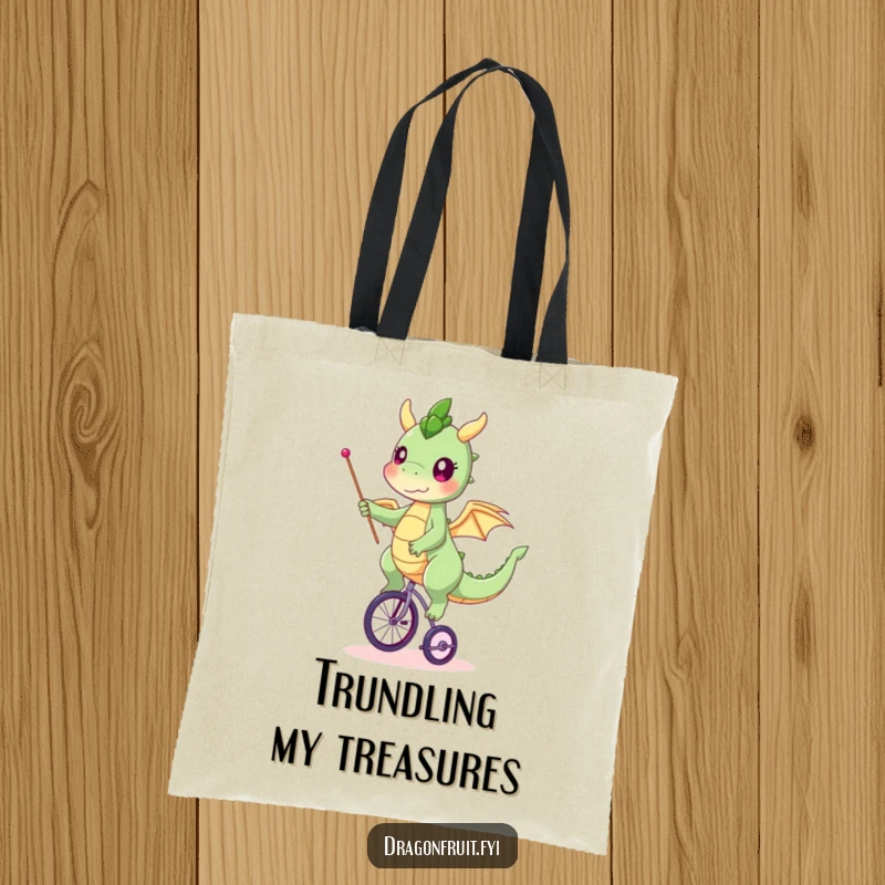 Funny dragonfruit tote bag, character balancing on a tiny unicycle, waving a flag, a fun and practical accessory.