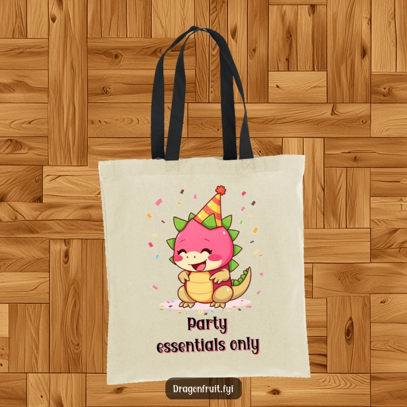 Funny tote bag with a giggling dragonfruit in a party hat, surrounded by confetti, for carrying party essentials.