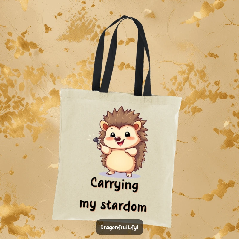 Funny Hedgehog Spotlight Tote Bag with a happy hedgehog striking a dramatic pose under a tiny spotlight.