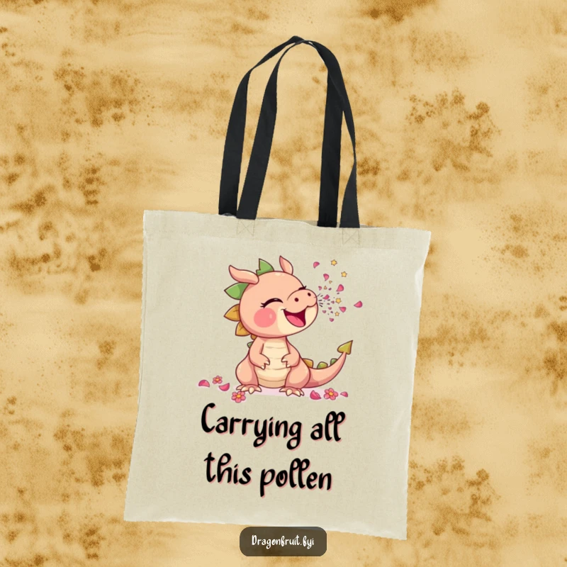 Funny tote bag depicting a dragonfruit comically sneezing a burst of tiny flower petals, perfect for carrying items with flair.