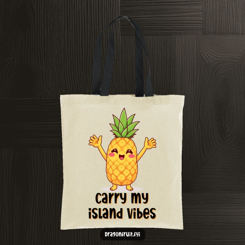 Funny tote bag with a cheerful pineapple character doing a silly dance with raised arms, symbolizing fun and festivity.