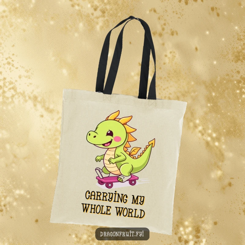 Funny tote bag showcasing a delighted dragonfruit character on roller skates, smiling broadly as it glides with speed and flair.
