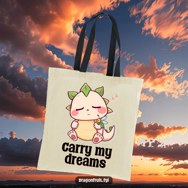 Funny sleepy dragonfruit tote bag depicting a snoring fruit character, practical for shopping and showcasing a humorous personality.