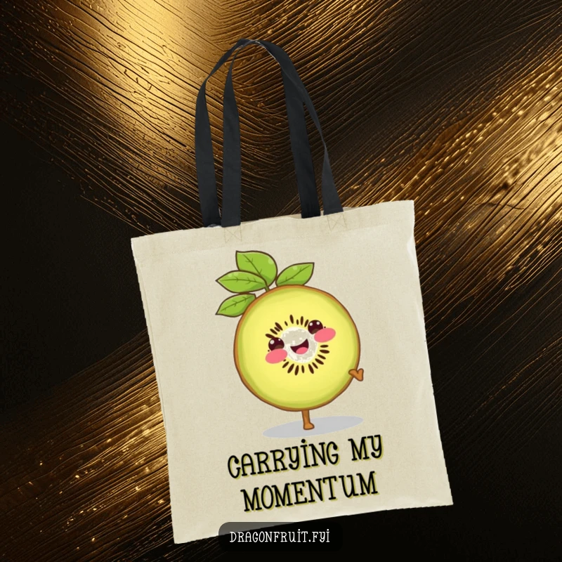 Funny tote bag depicting a smiling kiwi slice doing a confident cartwheel, ideal for carrying active gear or daily items.