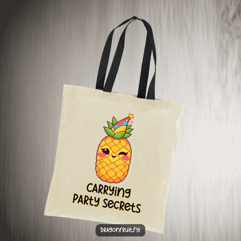 Funny tote bag depicting a starry pineapple in a party hat, winking with a mischievous grin, ideal for party supplies.