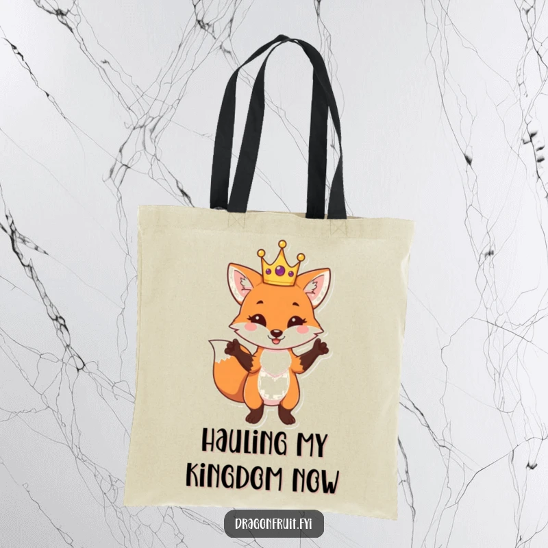 Funny Fox King Tote Bag with a playful fox wearing a crown striking a dramatic pose, perfect for shopping.