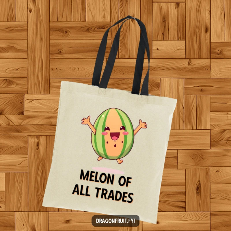 Funny watermelon wedge tote bag leaping with excitement, arms spread wide, practical and humorous accessory.